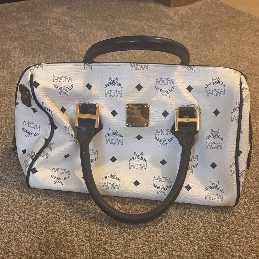 MCM Monogrammed White and Black Satchel
